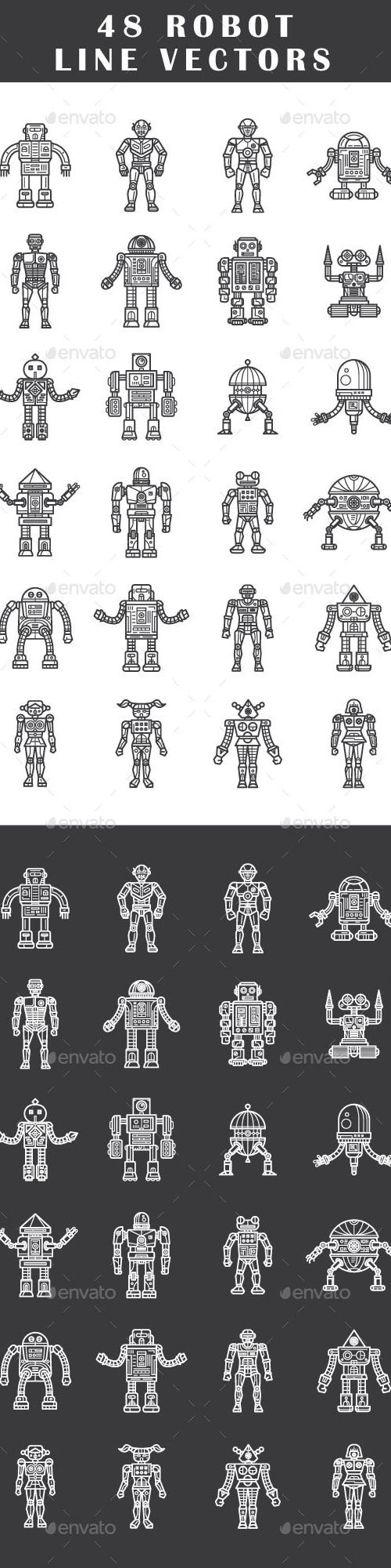48 Robot Line Vectors, Vectors | GraphicRiver