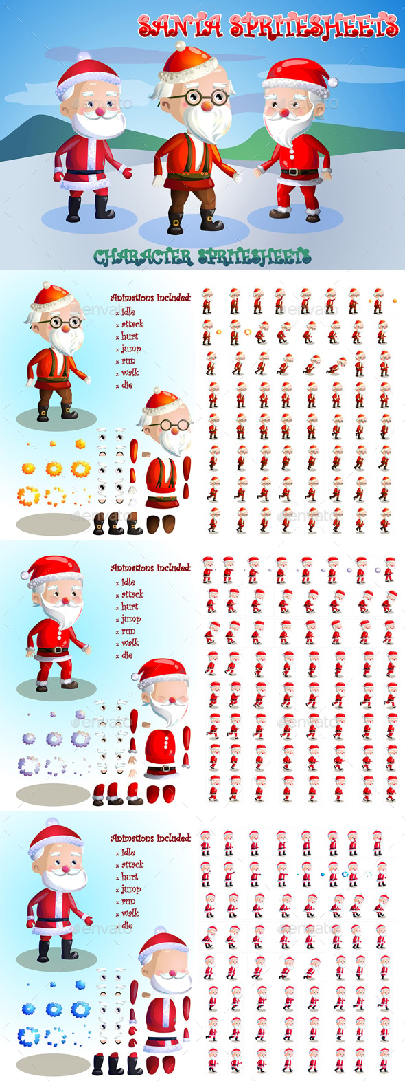 2D Game Santa Character Sprite Sheets, Game Assets | GraphicRiver