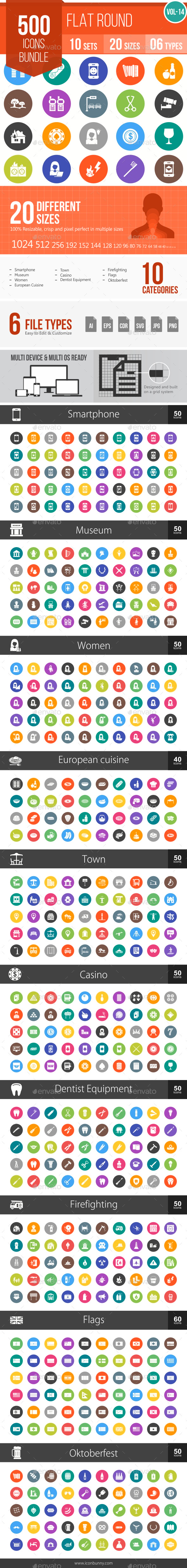 500 Vector Flat Round Icons Bundle (Vol-14), Icons | GraphicRiver