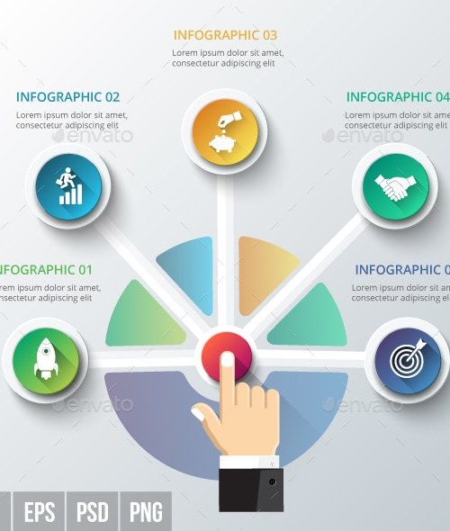 Businessman's hand with a button and 5 options., Infographics ...