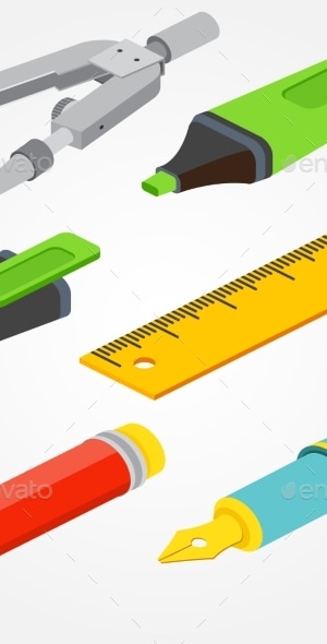 Isometric Compass with Fountain Pen and Pencil, Vectors | GraphicRiver