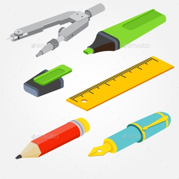 Isometric Compass with Fountain Pen and Pencil, Vectors | GraphicRiver
