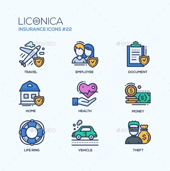 Insurance - Coloured Modern Single Line Icons Set, Vectors | GraphicRiver