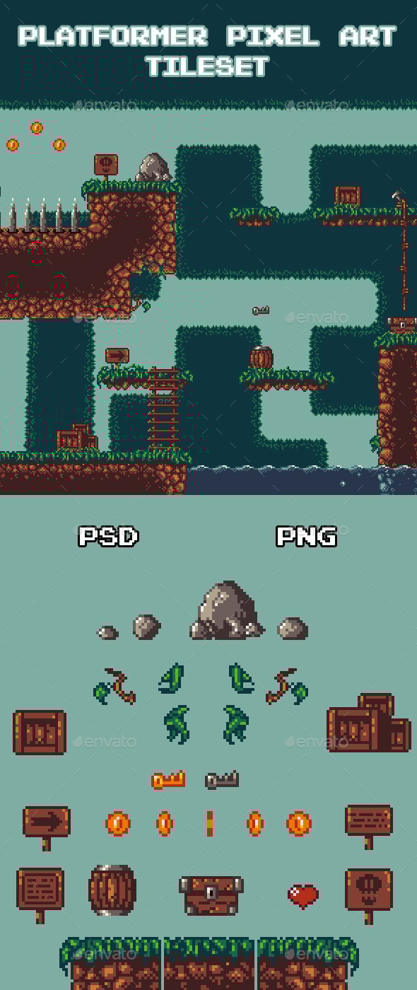 Platformer Pixel Art Tileset, Game Assets | GraphicRiver