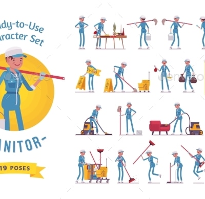 Ready-to-Use Female Janitor Character Set, Vectors | GraphicRiver