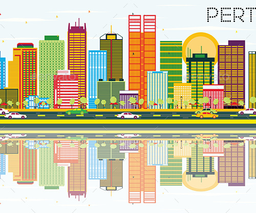 Perth Skyline with Color Buildings, Blue Sky and Reflections., Vectors