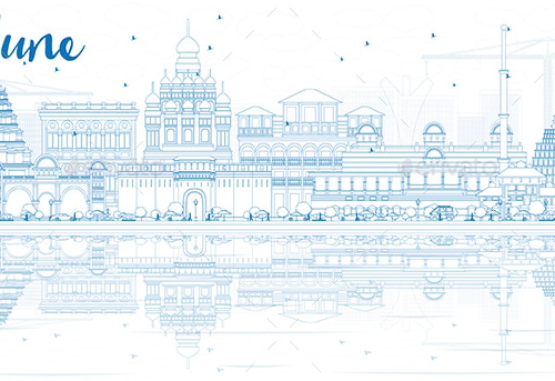 Outline Pune Skyline with Blue Buildings and Reflections., Vectors