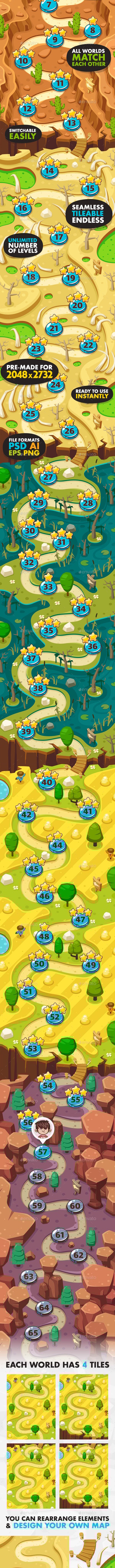 Game Level Map with 5 Different Worlds, Game Assets | GraphicRiver