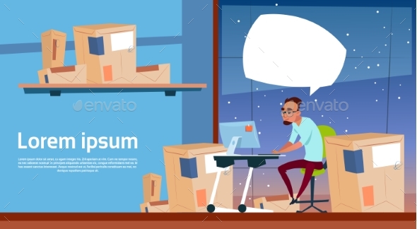 Man Use Computer Work On Delivery Service Package, Vectors | GraphicRiver