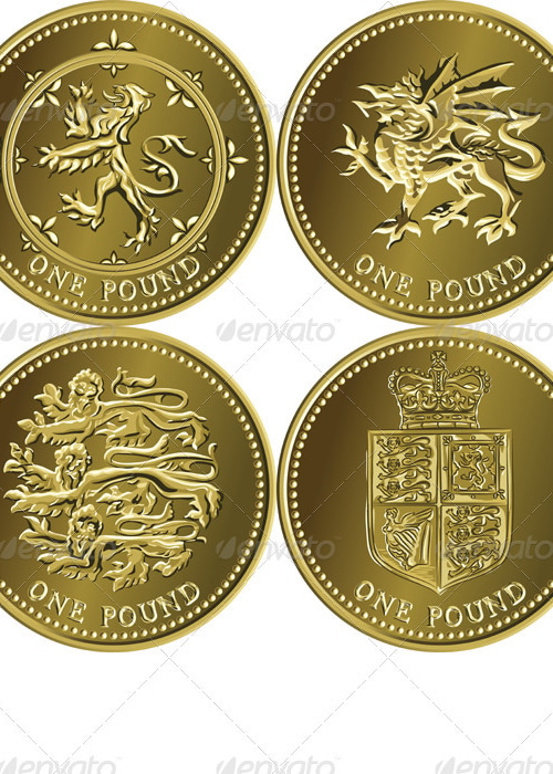 Vector Set British Money Gold Coin One Pound , Vectors | GraphicRiver