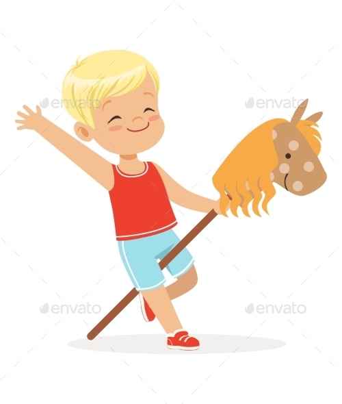Boy Riding on Wooden Stick Horse, Vectors | GraphicRiver