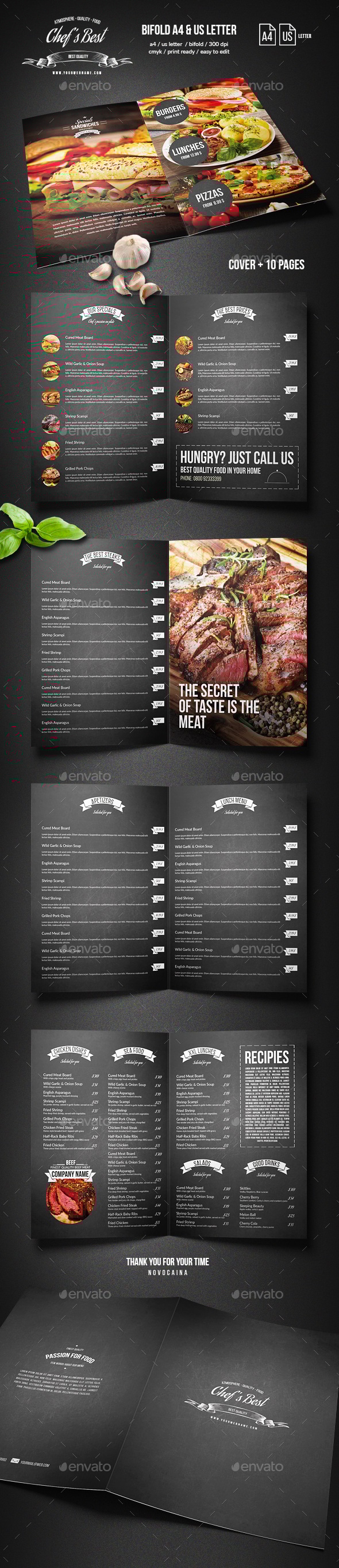 Chef's Bifold Restaurant Menu - A4 and US Letter, Print Templates ...