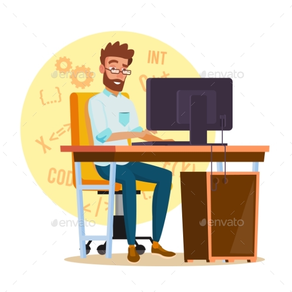 Programmer Man Vector. Stylized Young Developer, Vectors | GraphicRiver
