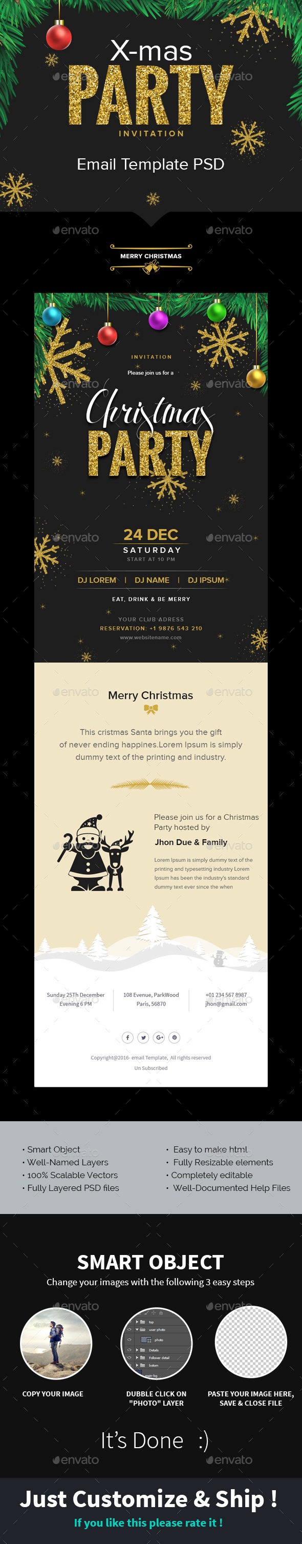 Xmas Christmas Party Invitation Email Template PSD, Web Elements