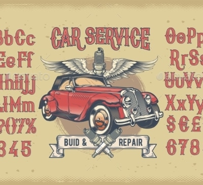 Latin Alphabet with Numbers and Retro Car, Vectors | GraphicRiver