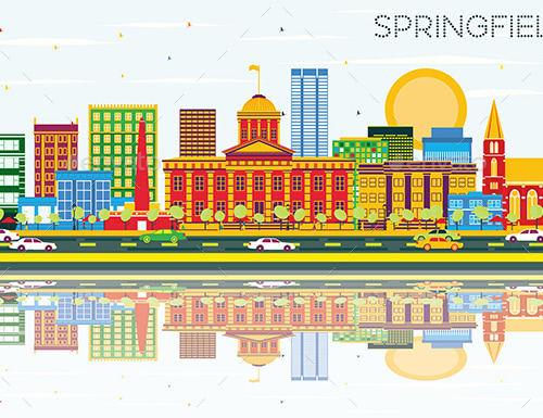 Springfield Skyline with Color Buildings, Blue Sky and Reflections, Vectors