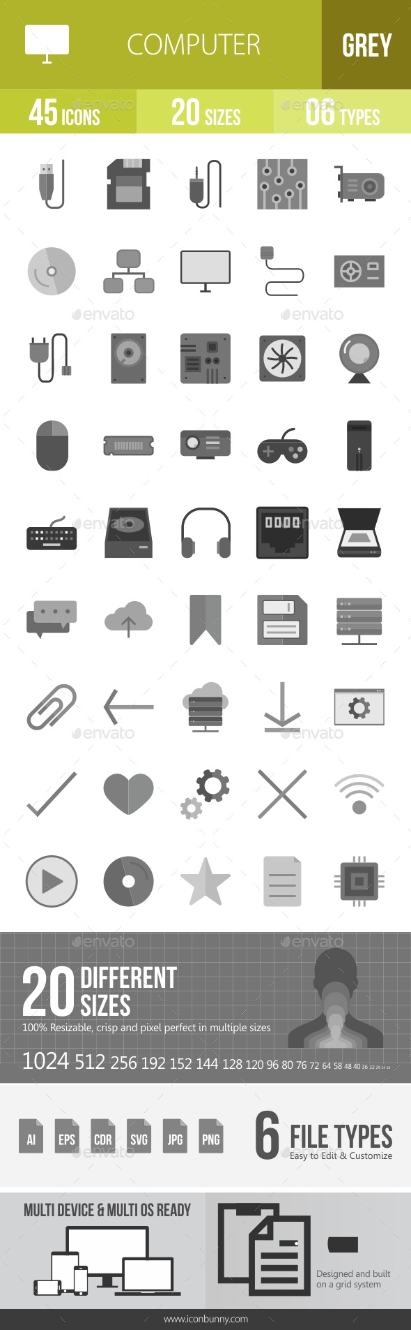 45 Computer & Hardware Grey Scale Icons, Icons | GraphicRiver