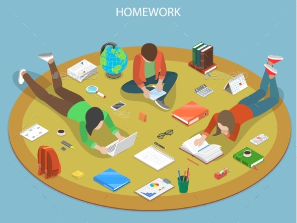Homework Flat Isometric Vector Concept, Vectors | GraphicRiver