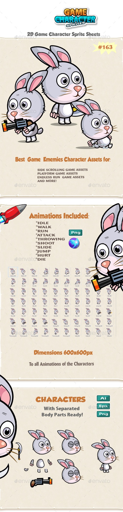 Rabbit 2D Game Character Sprites 163, Game Assets | GraphicRiver