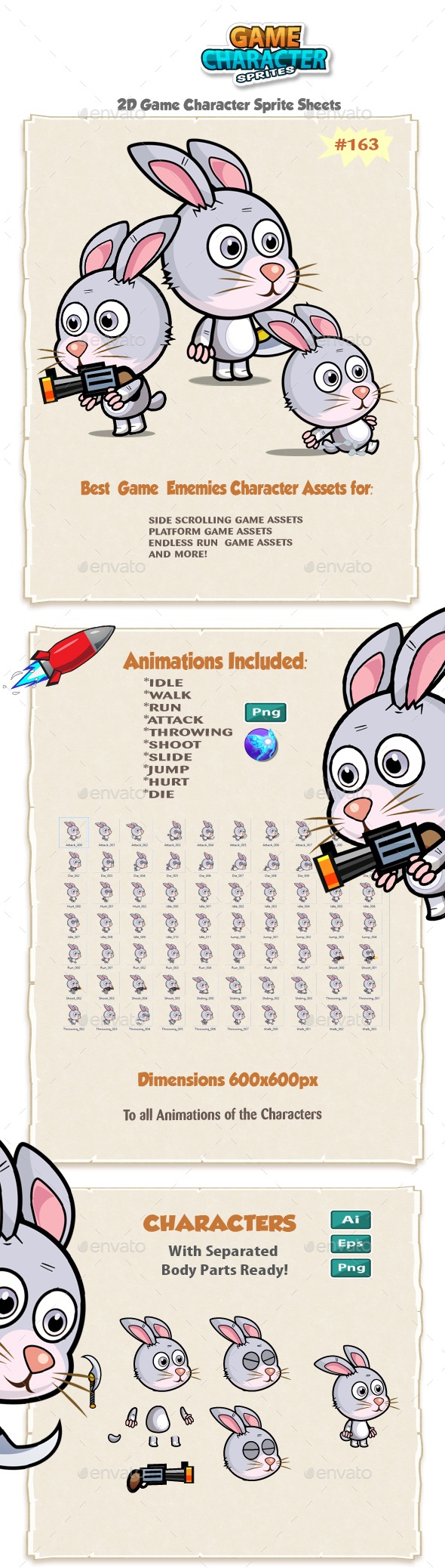Rabbit 2D Game Character Sprites 163, Game Assets | GraphicRiver