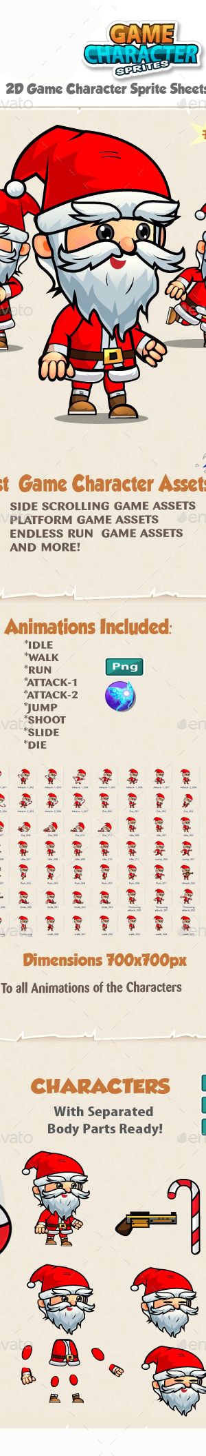 Santa 2D Game Character Sprites 158, Game Assets | GraphicRiver