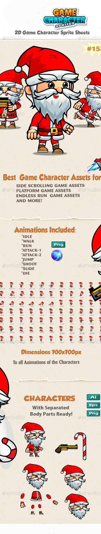 Santa 2D Game Character Sprites 158, Game Assets | GraphicRiver