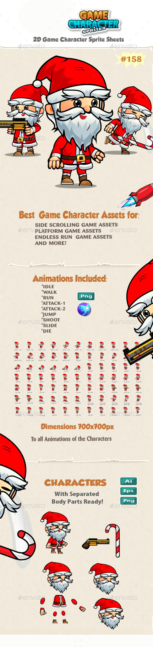 Santa 2D Game Character Sprites 158, Game Assets | GraphicRiver