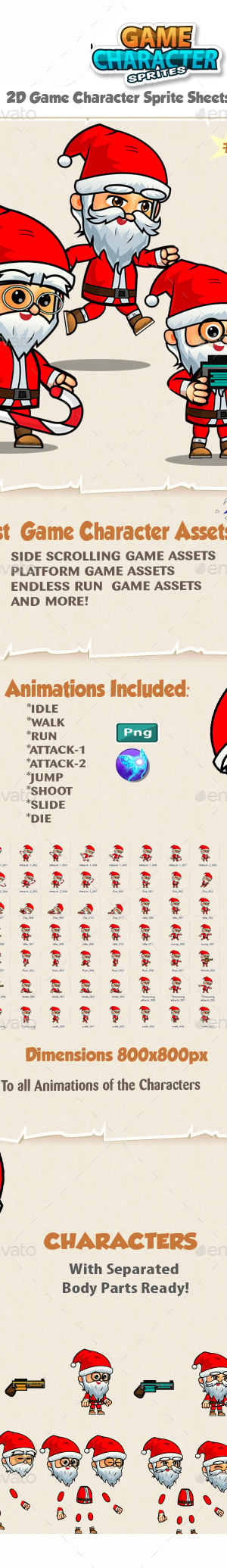 Santa 2D Game Character Sprites 144, Game Assets | GraphicRiver