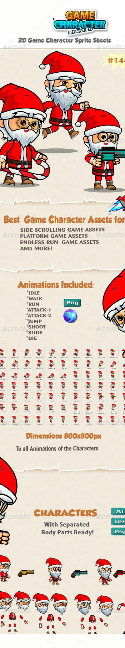 Santa 2D Game Character Sprites 144, Game Assets | GraphicRiver