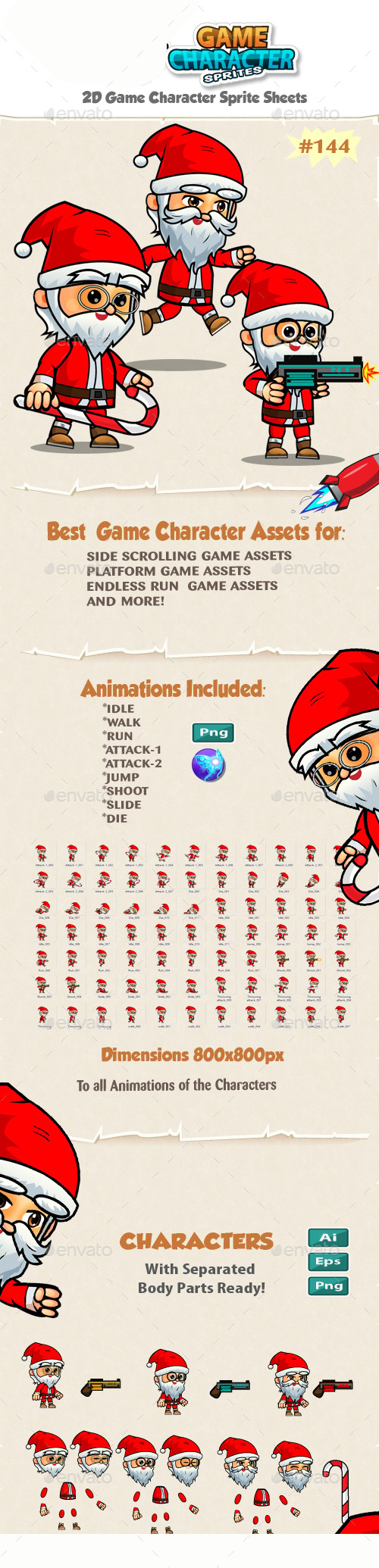 Santa 2D Game Character Sprites 144, Game Assets | GraphicRiver