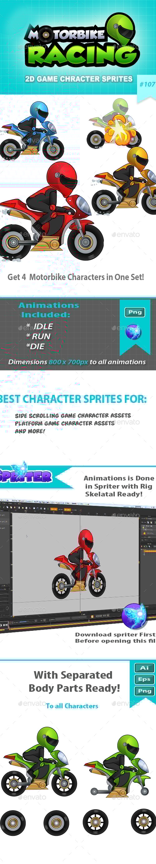 Racing Motorbike 2D Game Character Sprites, Game Assets | GraphicRiver