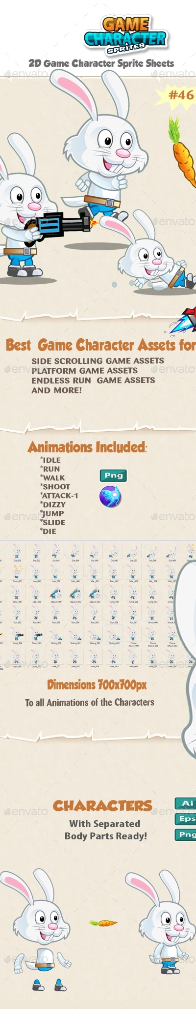 Rabbit 2D Game Character Sprites 46, Game Assets | GraphicRiver