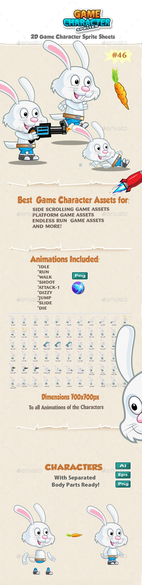 Rabbit 2D Game Character Sprites 46, Game Assets | GraphicRiver