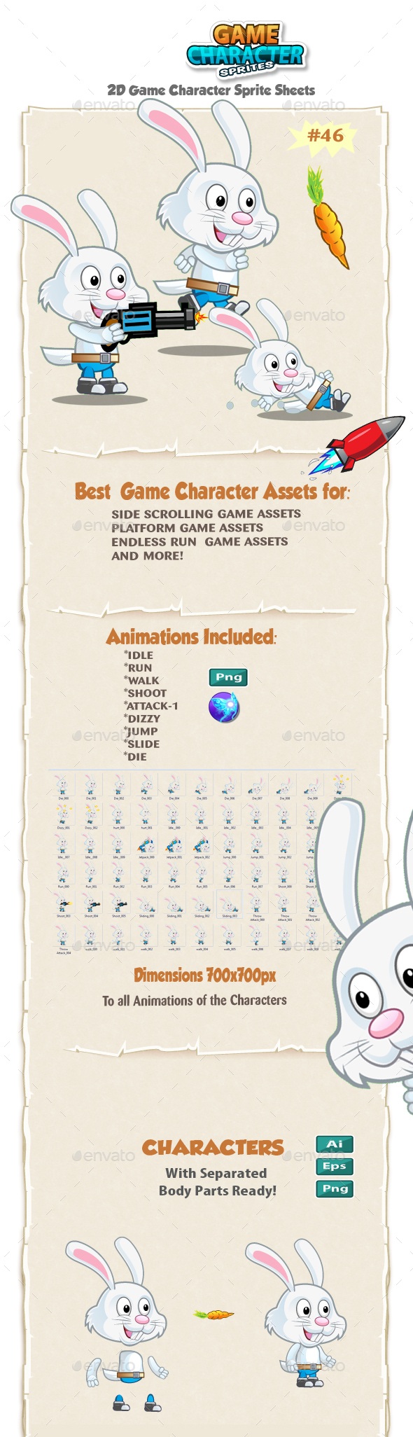 Rabbit 2D Game Character Sprites 46, Game Assets | GraphicRiver