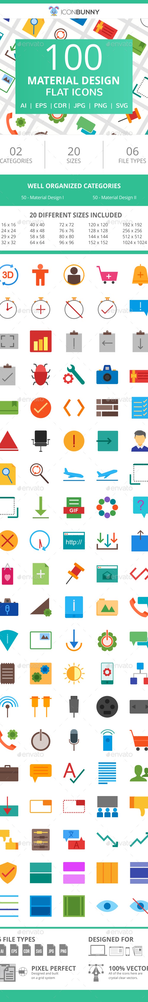 100 Material Design Flat Icons, Icons | GraphicRiver