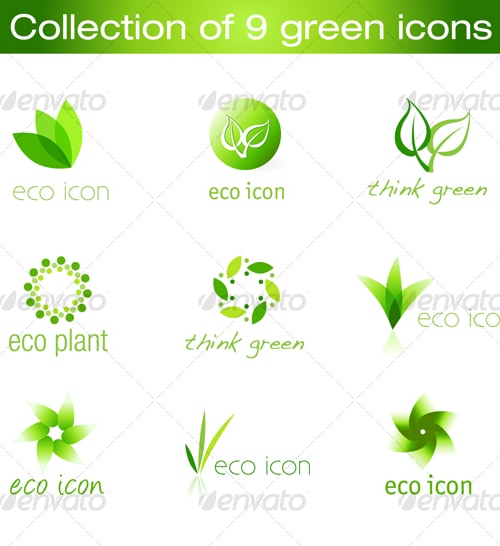 Collection of 9 vector green icons, Icons | GraphicRiver