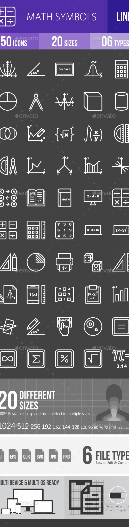 Math Symbols Line Inverted Icons, Icons | GraphicRiver