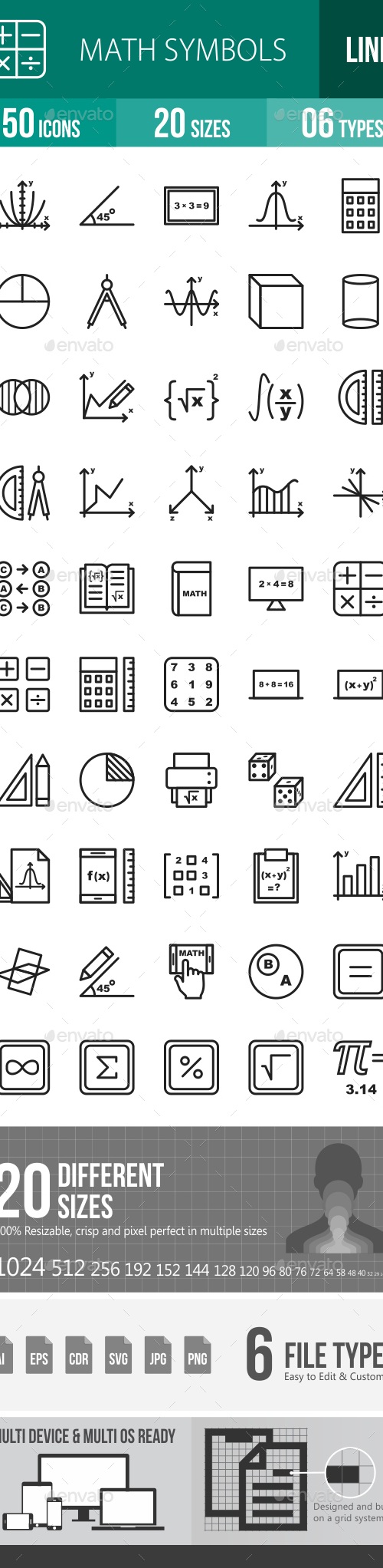 Math Symbols Line Icons, Icons | GraphicRiver