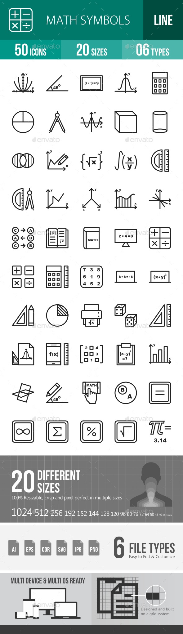 Math Symbols Line Icons, Icons | GraphicRiver
