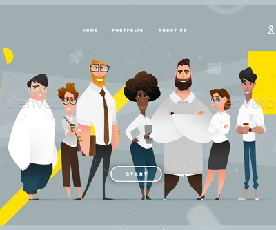 Main Abstract Web Page with Cartoon Business Characters, Vectors ...