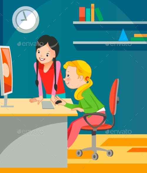 Girls at the Computer, Vectors | GraphicRiver