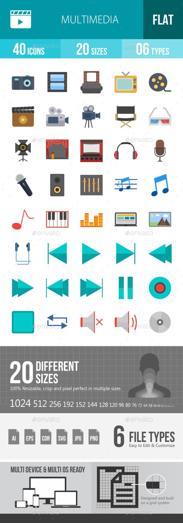 Multimedia Flat Multicolor Icons, Icons | GraphicRiver