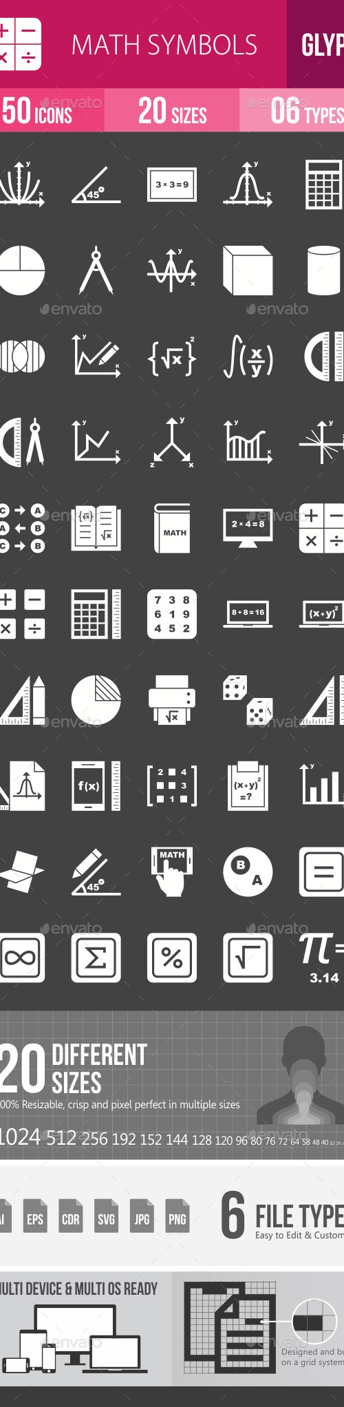 Math Symbols Glyph Inverted Icons, Icons | GraphicRiver
