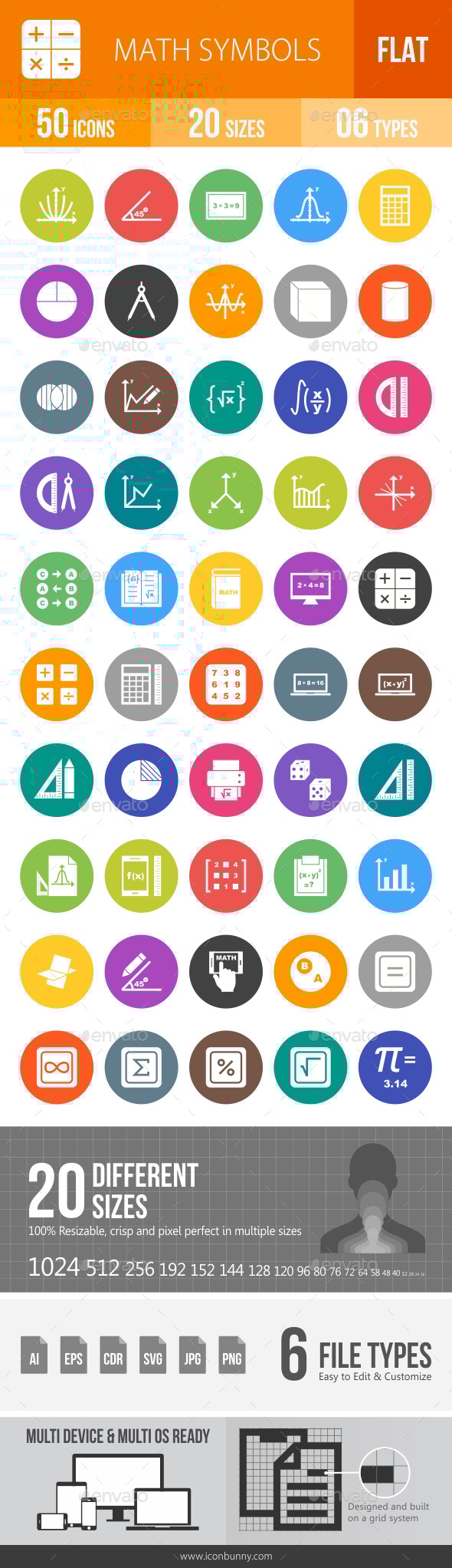 Math Symbols Flat Round Icons, Icons | GraphicRiver