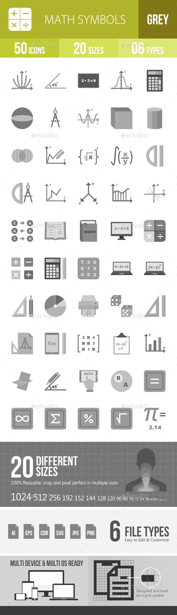 Math Symbols Greyscale Icons, Icons | GraphicRiver