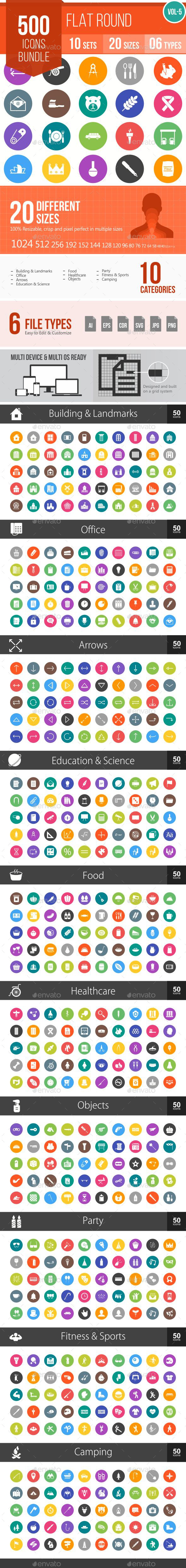 500 Vector Colorful Round Flat Icons Bundle, Icons | GraphicRiver