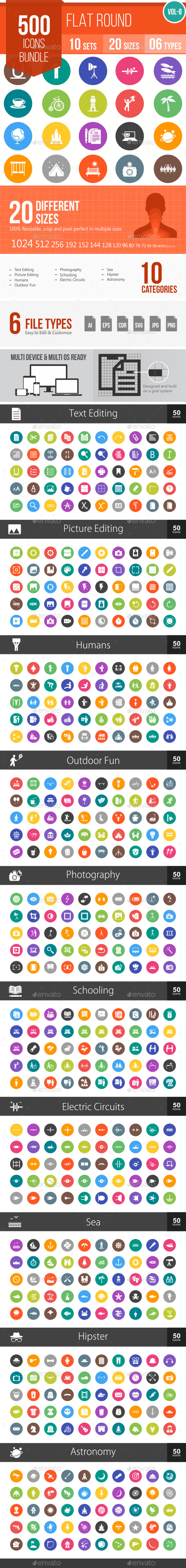 500 Vector Colorful Round Flat Icons Bundle (Vol-8), Icons | GraphicRiver