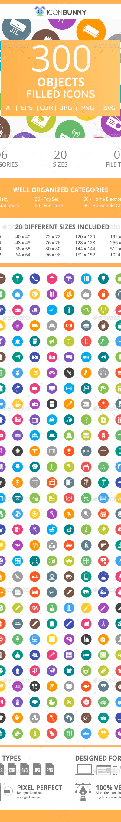 300 Objects Filled Round Icons, Icons | GraphicRiver