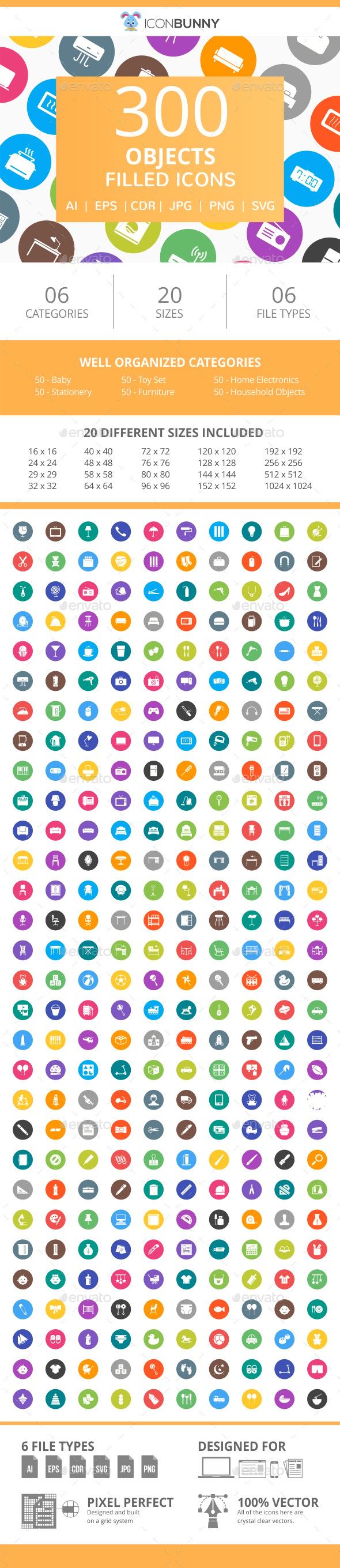300 Objects Filled Round Icons, Icons | GraphicRiver
