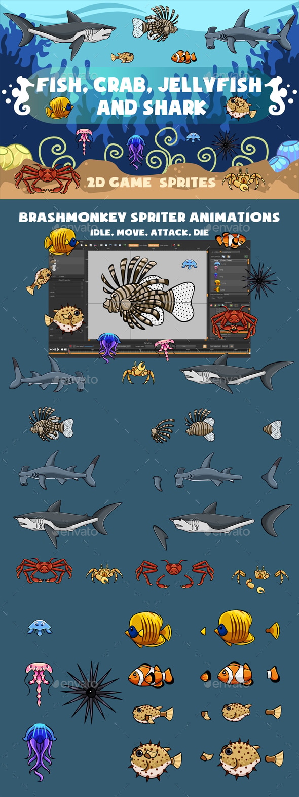 Fish Crab Jellyfish and Shark Sprites, Game Assets | GraphicRiver